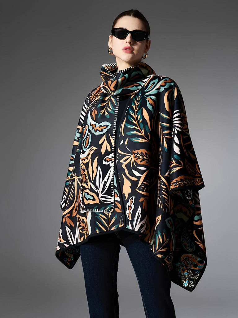 Châle double face, cape fluide femme, motifs feuillage coloré, écharpe large hiver, accessoire chaud, mode automne hiver, modèle Bonnie - Châle - Multicolore