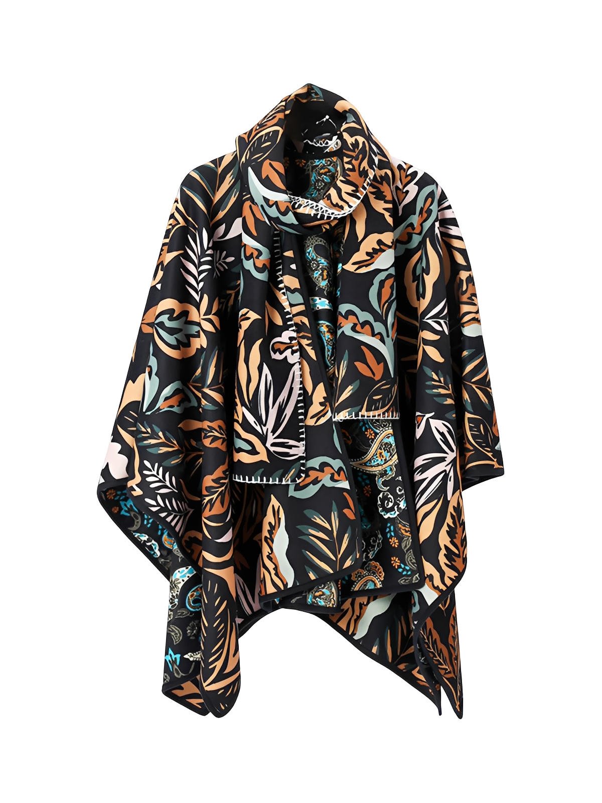 Châle double face, cape fluide femme, motifs feuillage coloré, écharpe large hiver, accessoire chaud, mode automne hiver, modèle Bonnie - Châle - Multicolore