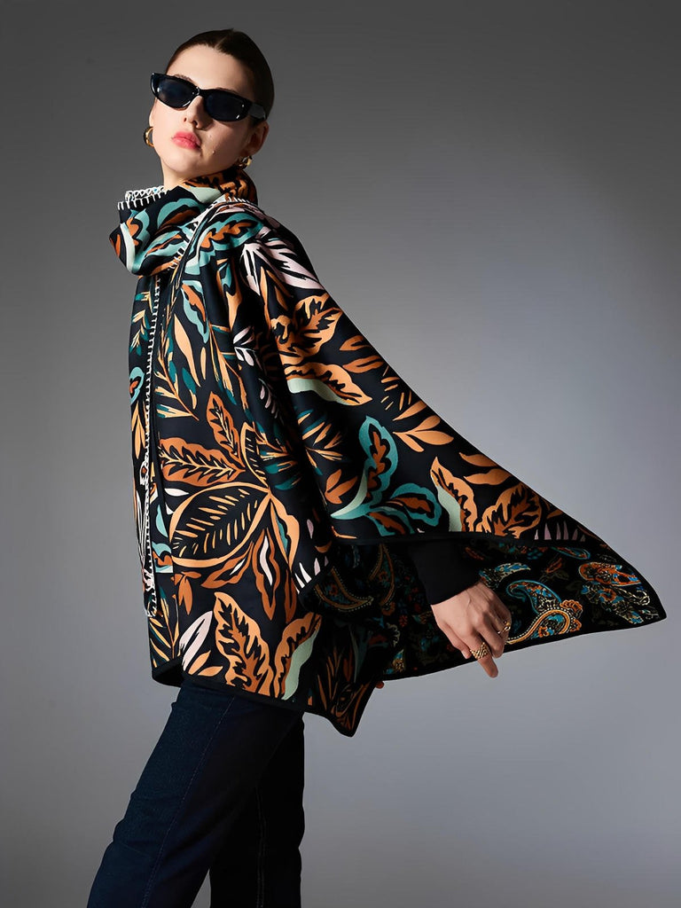 Châle double face, cape fluide femme, motifs feuillage coloré, écharpe large hiver, accessoire chaud, mode automne hiver, modèle Bonnie - Châle - Multicolore