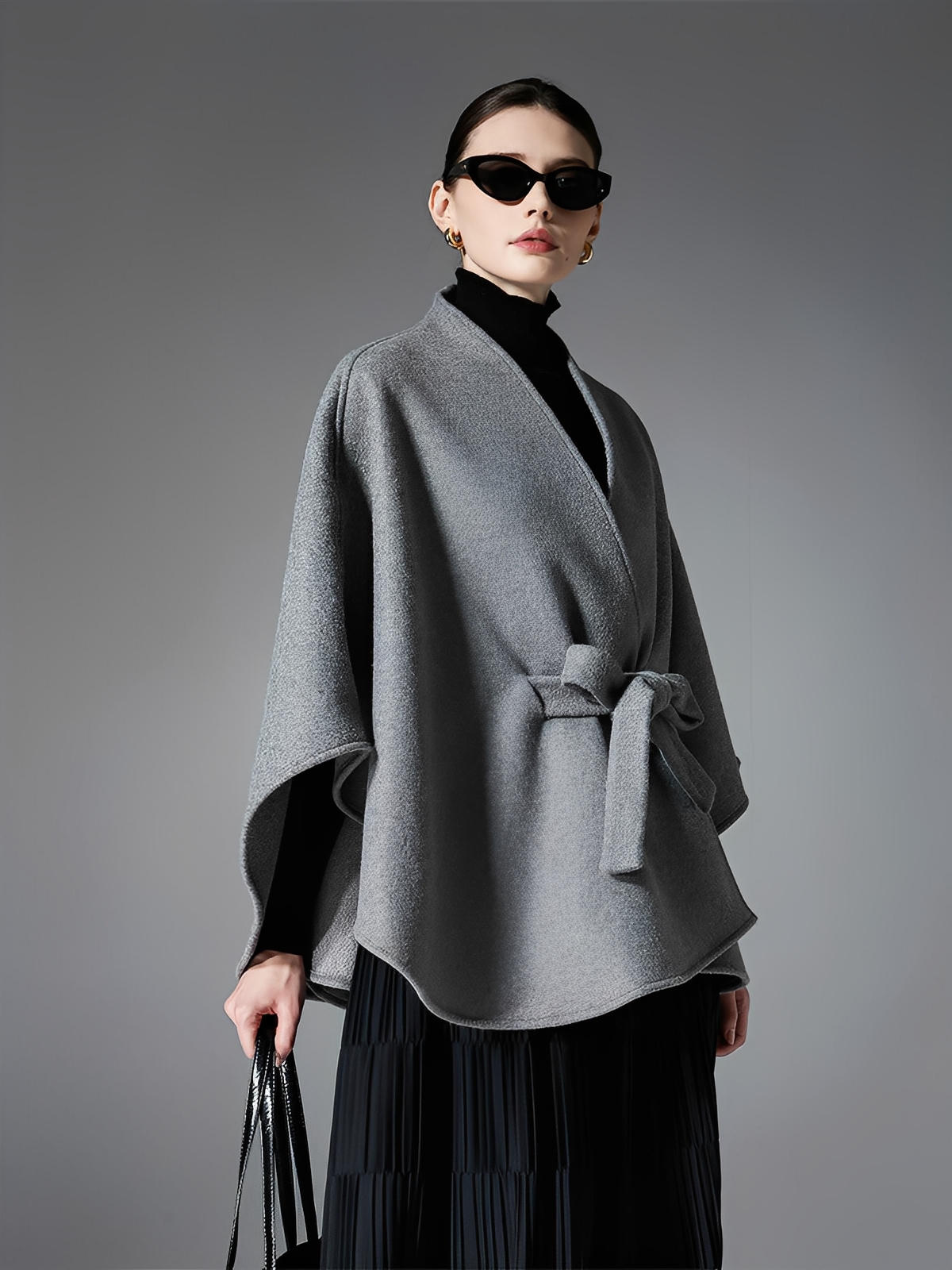 Châle double face chic, cape ceinturée, poncho femme hiver, châle chaud, manteau léger, modèle Kora - Châle - Gris