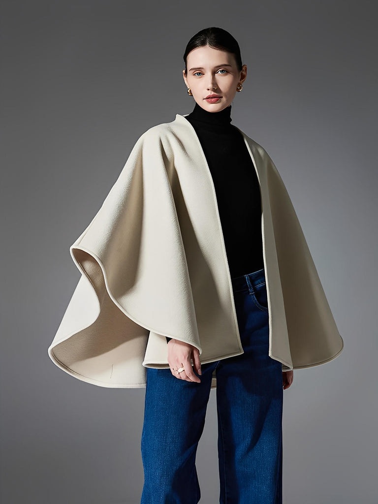Châle double face chic, cape ceinturée, poncho femme hiver, châle chaud, manteau léger, modèle Kora - Châle - Beige