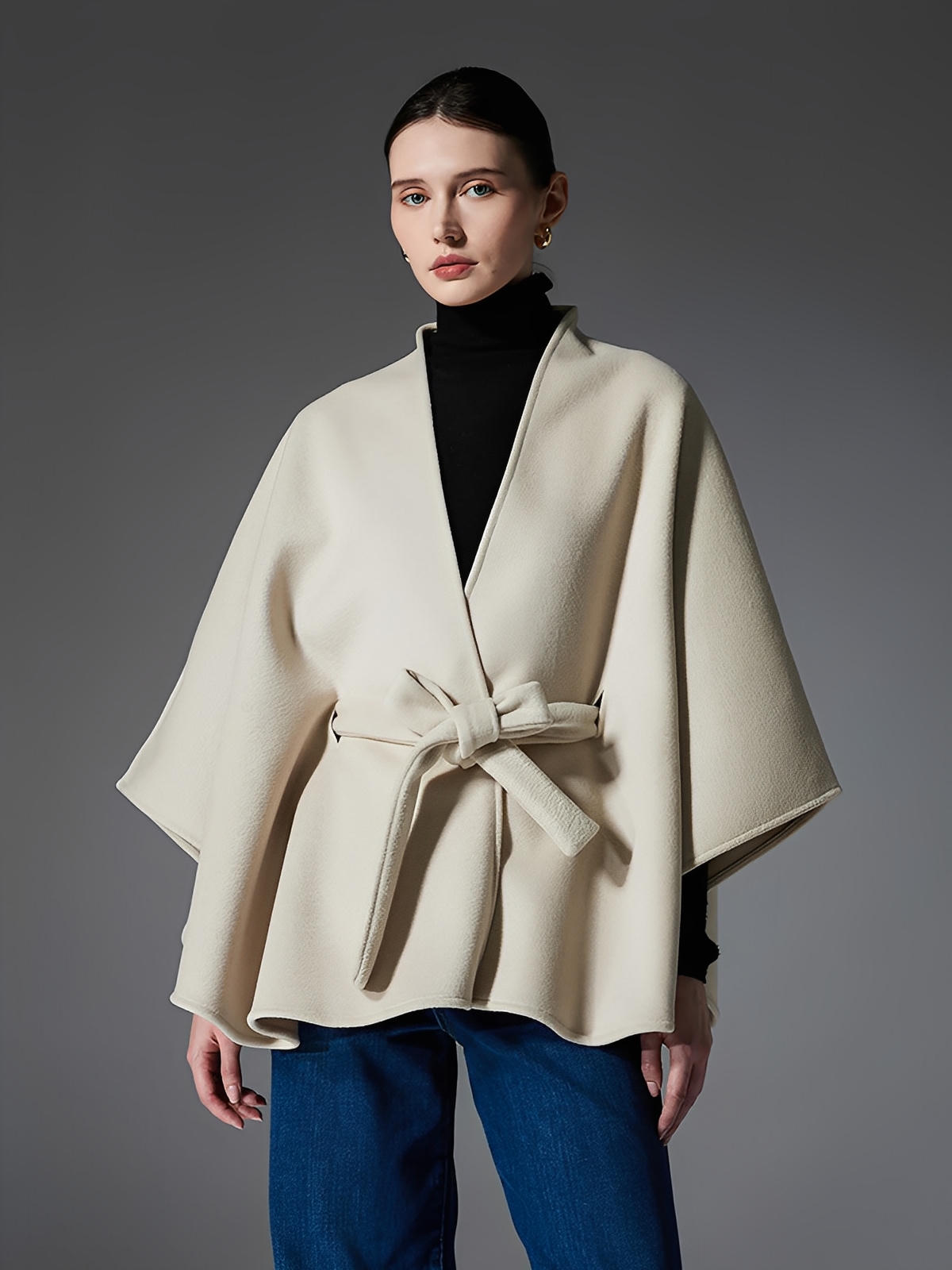 Châle double face chic, cape ceinturée, poncho femme hiver, châle chaud, manteau léger, modèle Kora - Châle - Beige