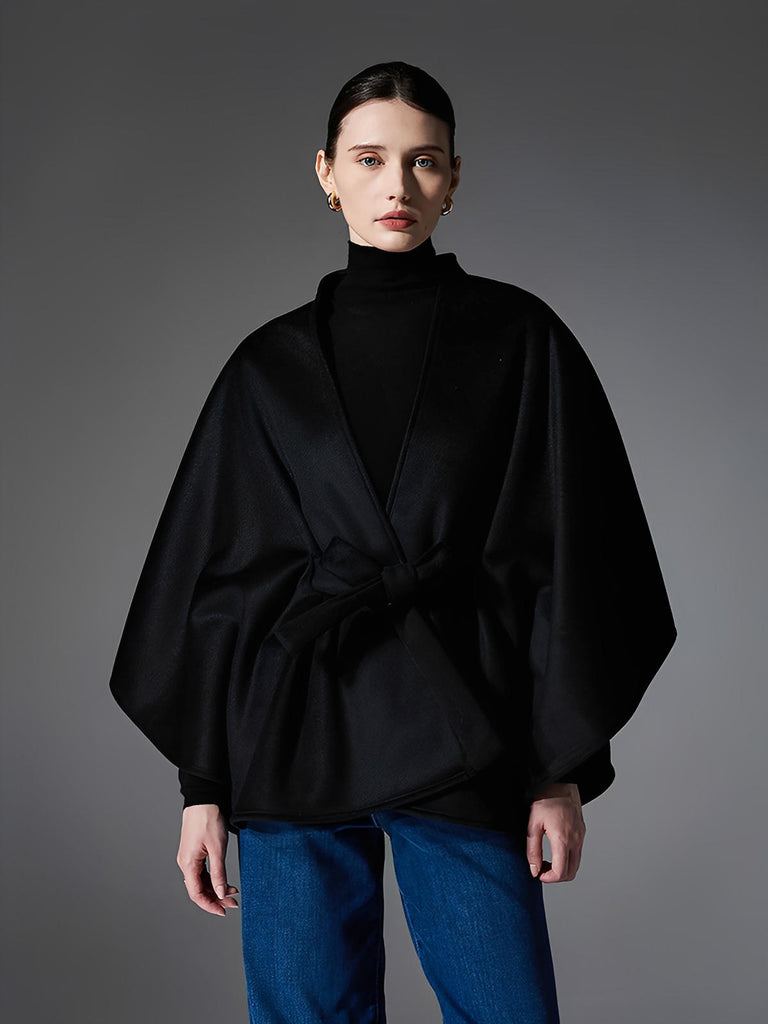 Châle double face chic, cape ceinturée, poncho femme hiver, châle chaud, manteau léger, modèle Kora - Châle - Noir