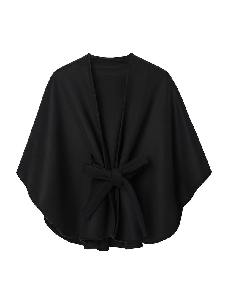 Châle double face chic, cape ceinturée, poncho femme hiver, châle chaud, manteau léger, modèle Kora - Châle - Noir