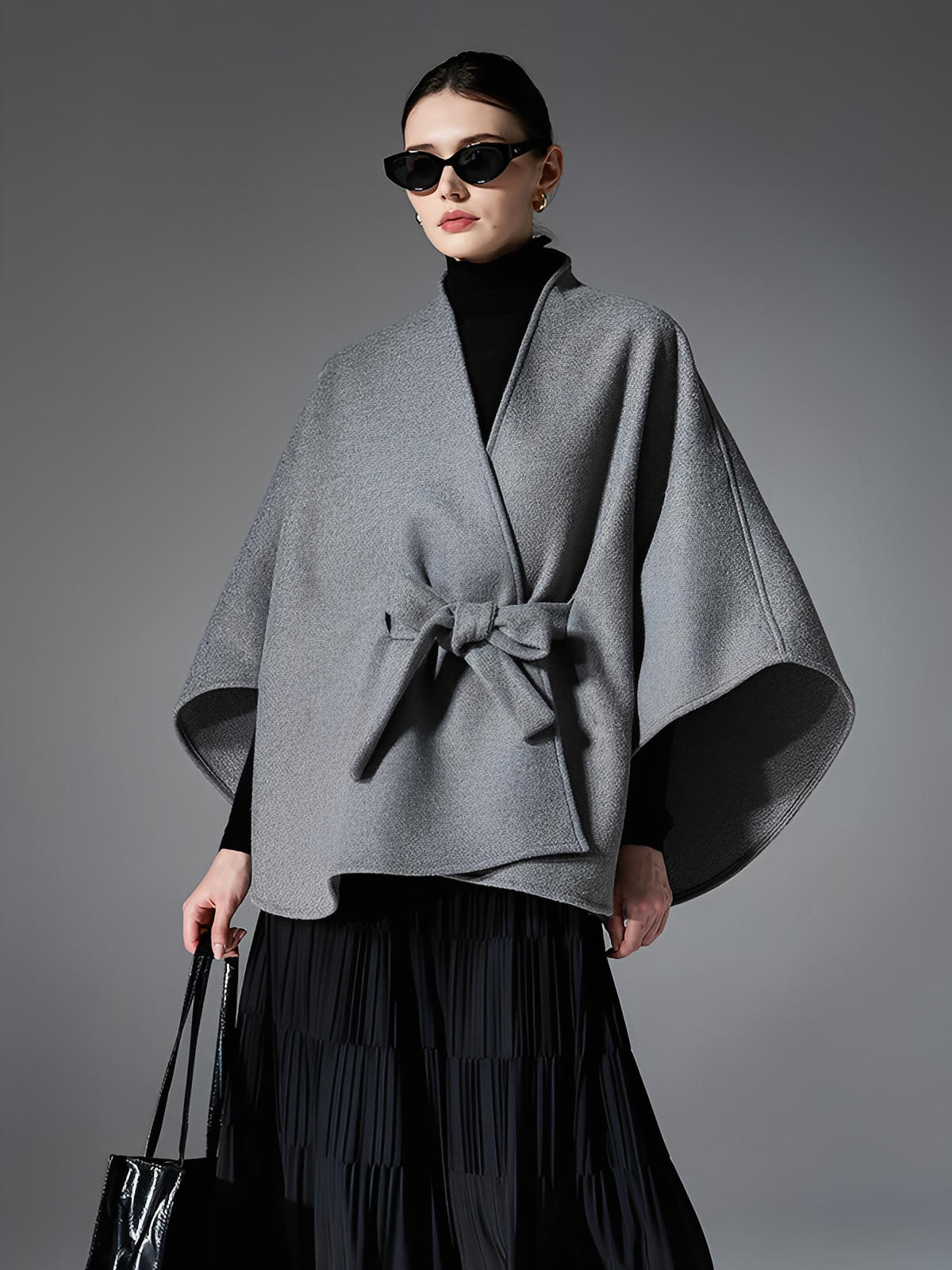 Châle double face chic, cape ceinturée, poncho femme hiver, châle chaud, manteau léger, modèle Kora - Châle - Gris