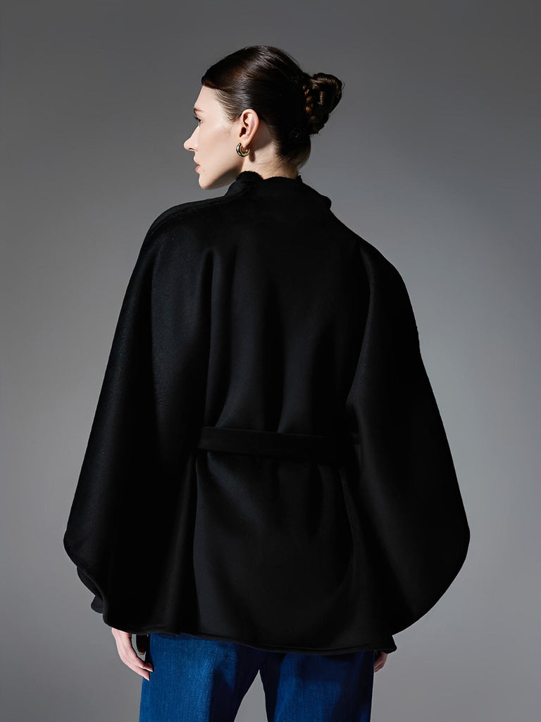 Châle double face chic, cape ceinturée, poncho femme hiver, châle chaud, manteau léger, modèle Kora - Châle - Noir