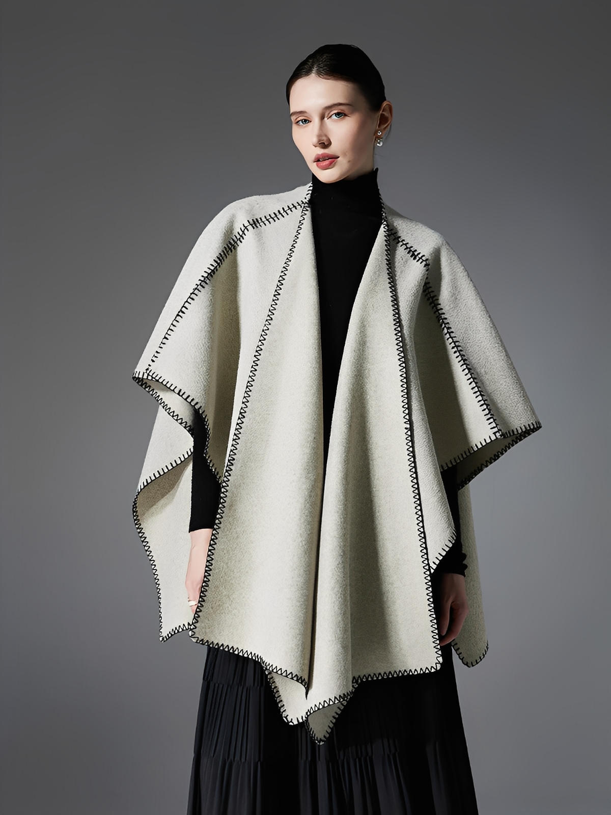 Châle double face, finition bord contrasté, toucher doux, chaud et confortable, style européen moderne, modèle Ertine - Châle - Beige