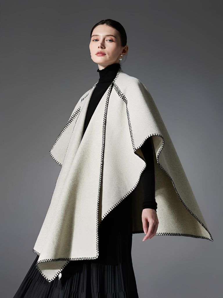 Châle double face, finition bord contrasté, toucher doux, chaud et confortable, style européen moderne, modèle Ertine - Châle - Beige