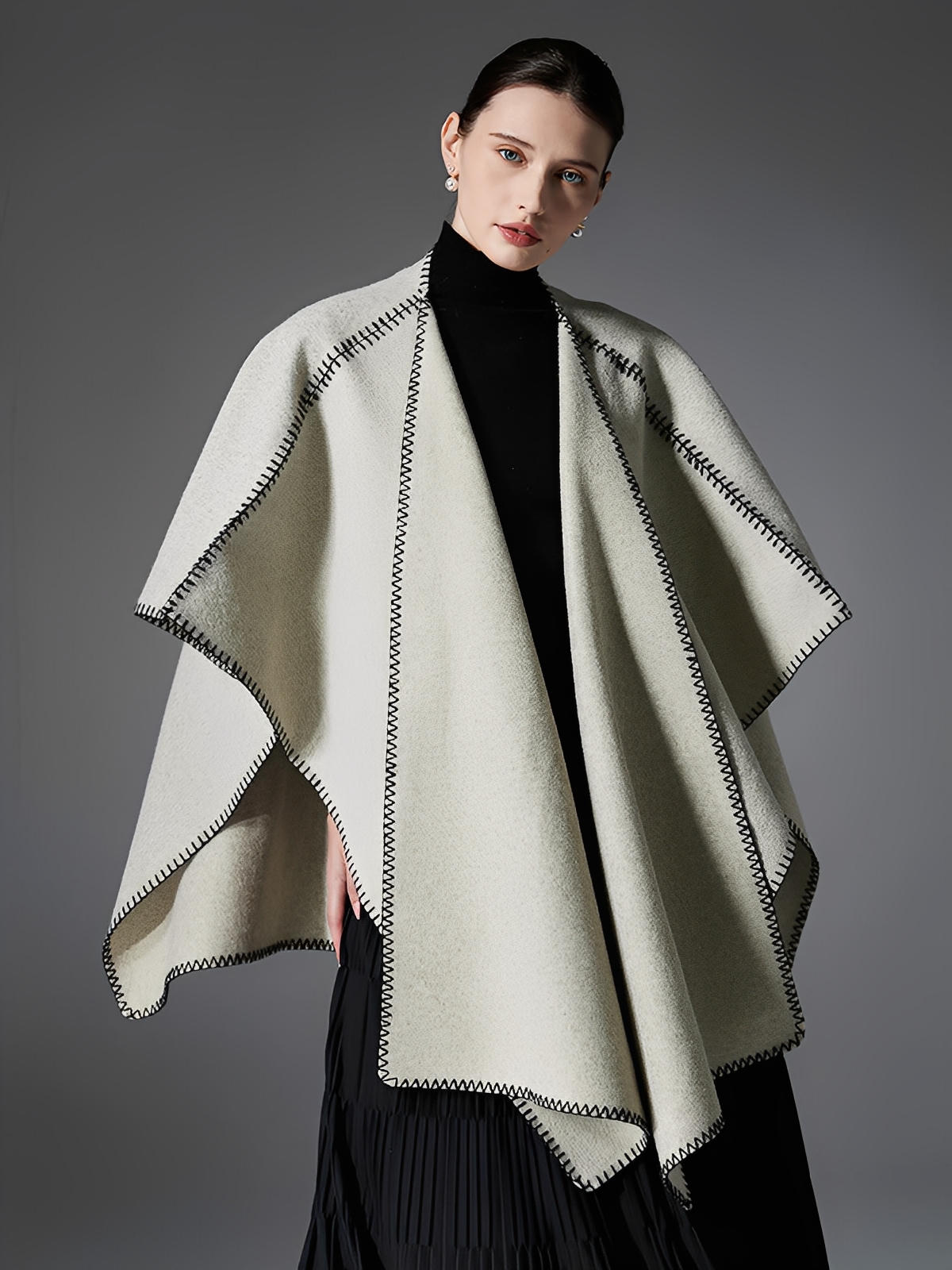 Châle double face, finition bord contrasté, toucher doux, chaud et confortable, style européen moderne, modèle Ertine - Châle - Beige