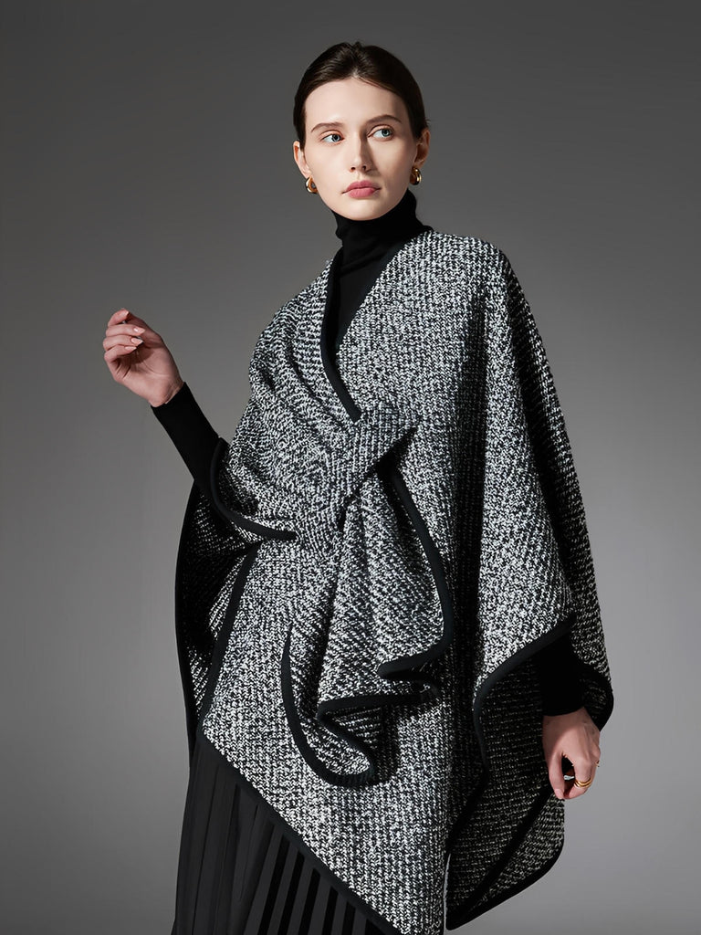 Châle femme hiver, châle noir et blanc, grand châle chaud, poncho laine mélangée, cape douce, châle mode automne hiver, modèle Closia - Châle - Gris