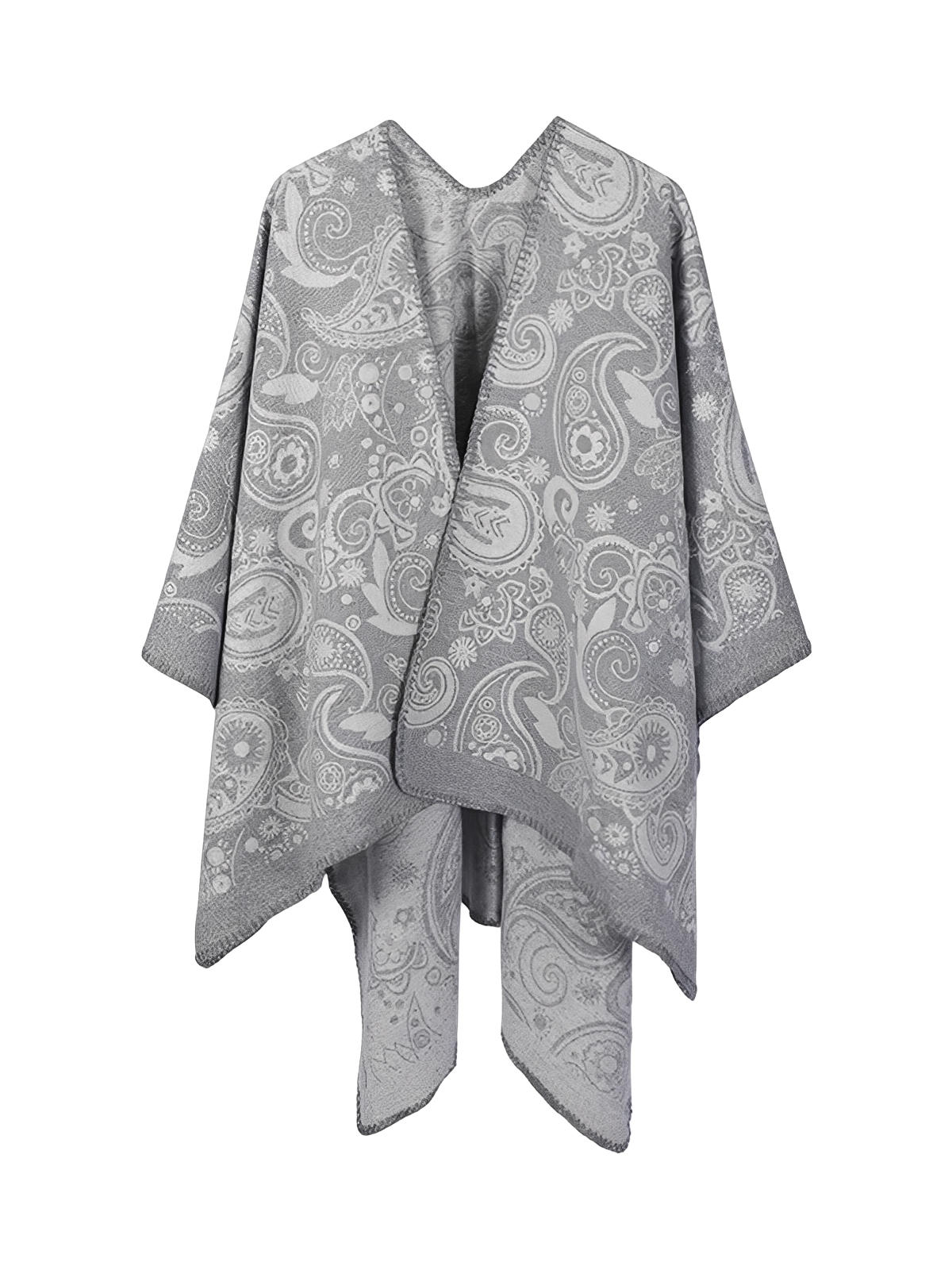 Châle femme laine et acrylique, châle à motifs cachemire, grand châle doux et chaud, poncho léger, châle d’hiver confortable, modèle Yina - Châle - Gris