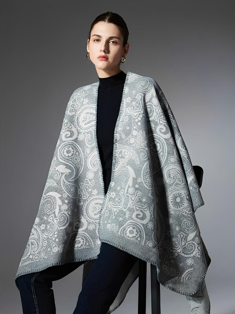 Châle femme laine et acrylique, châle à motifs cachemire, grand châle doux et chaud, poncho léger, châle d’hiver confortable, modèle Yina - Châle - Gris