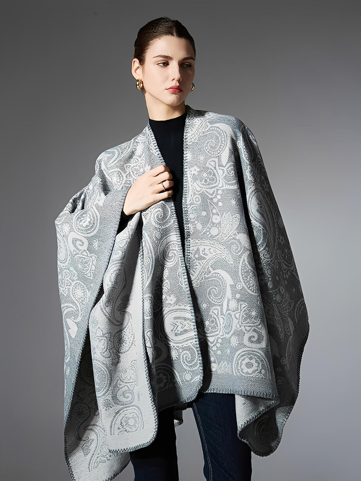Châle femme laine et acrylique, châle à motifs cachemire, grand châle doux et chaud, poncho léger, châle d’hiver confortable, modèle Yina - Châle - Gris