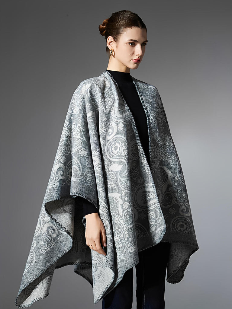 Châle femme laine et acrylique, châle à motifs cachemire, grand châle doux et chaud, poncho léger, châle d’hiver confortable, modèle Yina - Châle - Gris