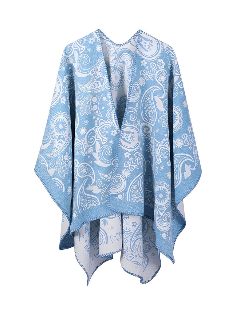 Châle femme laine et acrylique, châle à motifs cachemire, grand châle doux et chaud, poncho léger, châle d’hiver confortable, modèle Yina - Châle - Bleu clair