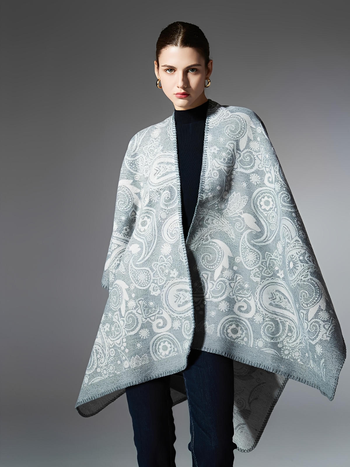 Châle femme laine et acrylique, châle à motifs cachemire, grand châle doux et chaud, poncho léger, châle d’hiver confortable, modèle Yina - Châle - Gris
