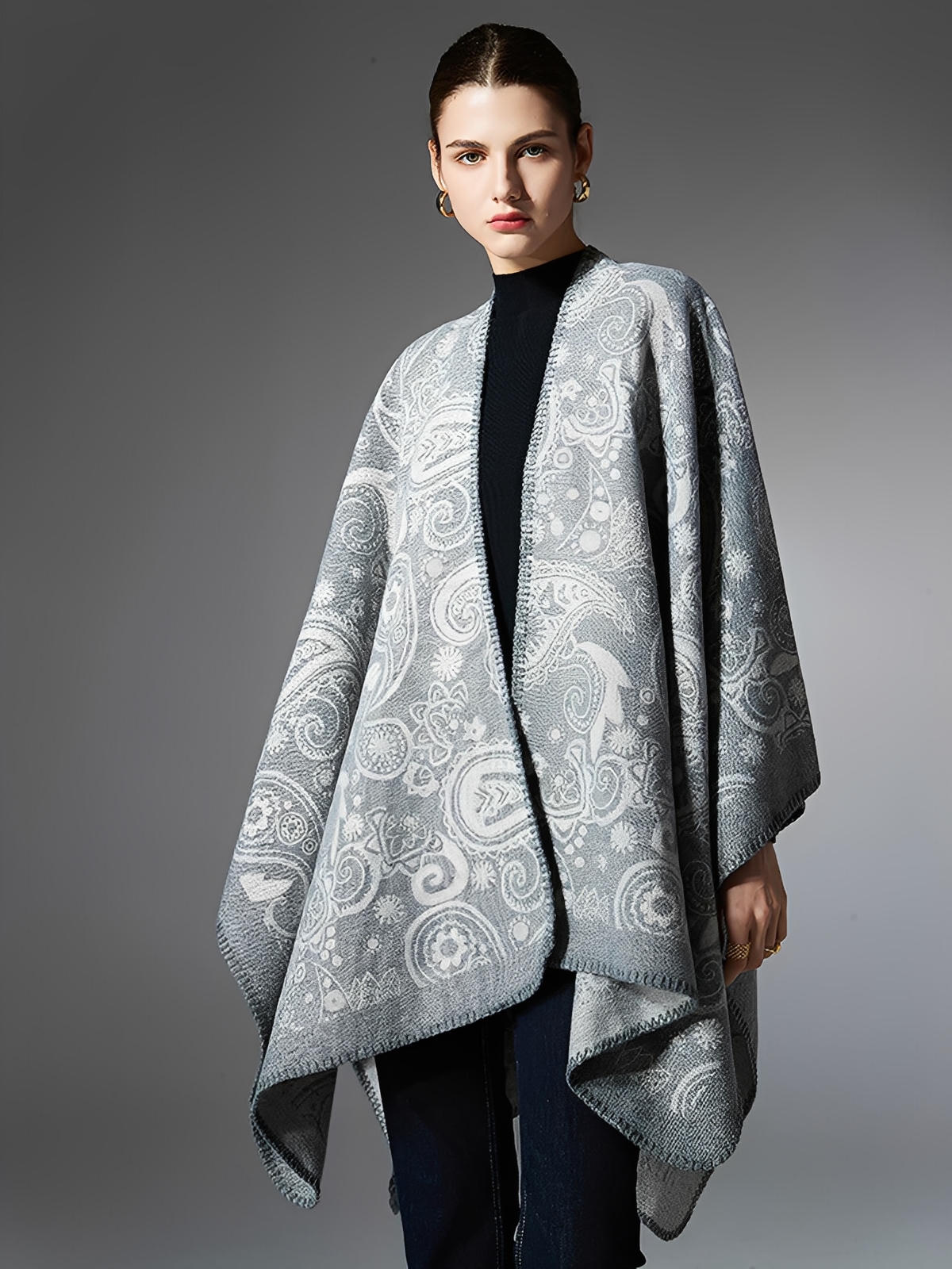 Châle femme laine et acrylique, châle à motifs cachemire, grand châle doux et chaud, poncho léger, châle d’hiver confortable, modèle Yina - Châle - Gris