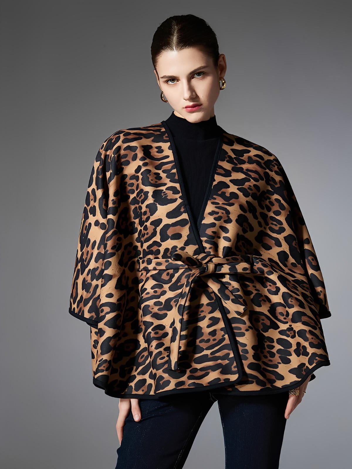 Châle femme léopard, cape ceinturée, poncho chaud automne hiver, châle doux imprimé animal, châle large confortable, manteau léger femme, modèle Rounie - Châle - Camel