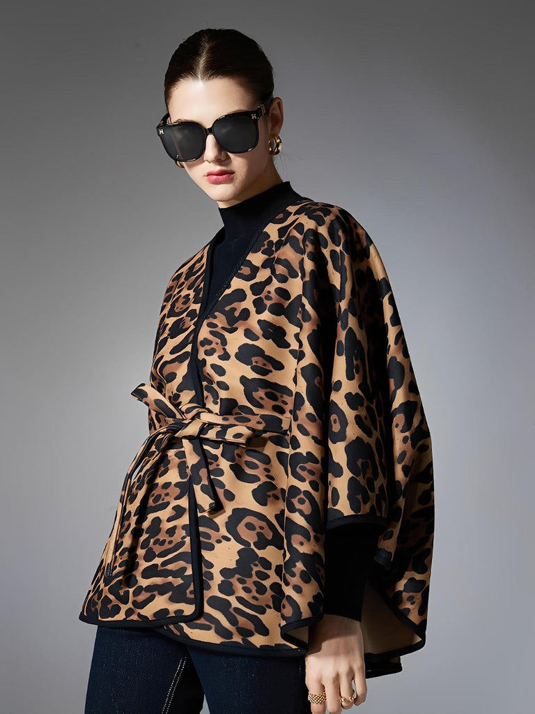 Châle femme léopard, cape ceinturée, poncho chaud automne hiver, châle doux imprimé animal, châle large confortable, manteau léger femme, modèle Rounie - Châle - Camel