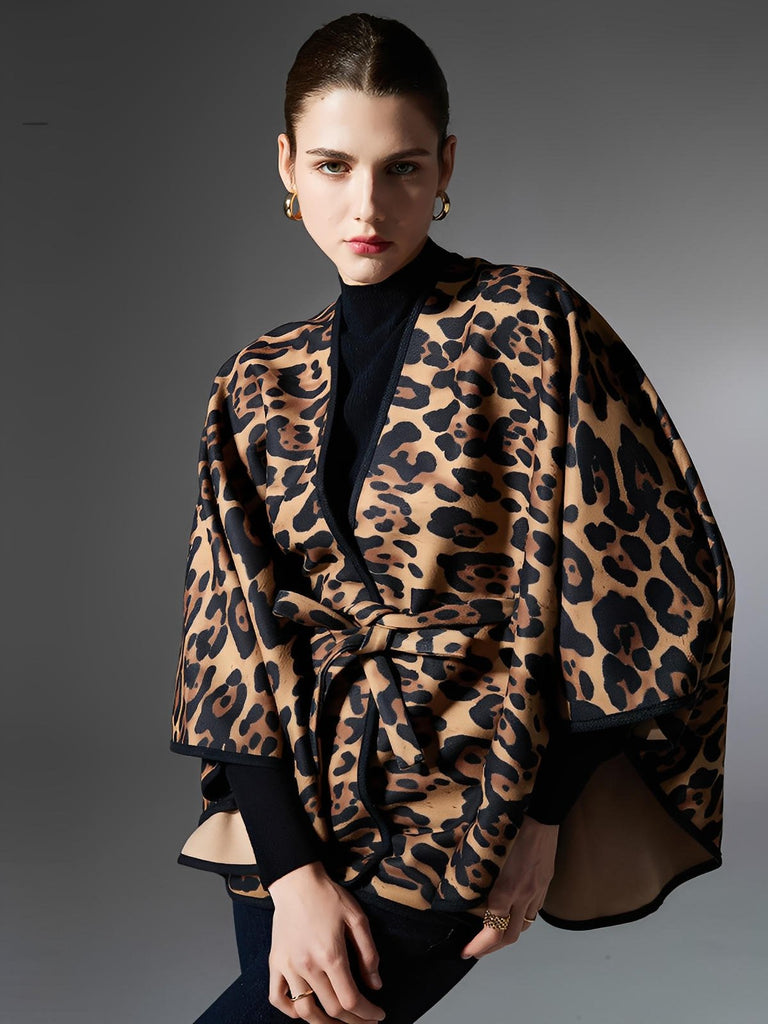Châle femme léopard, cape ceinturée, poncho chaud automne hiver, châle doux imprimé animal, châle large confortable, manteau léger femme, modèle Rounie - Châle - Camel