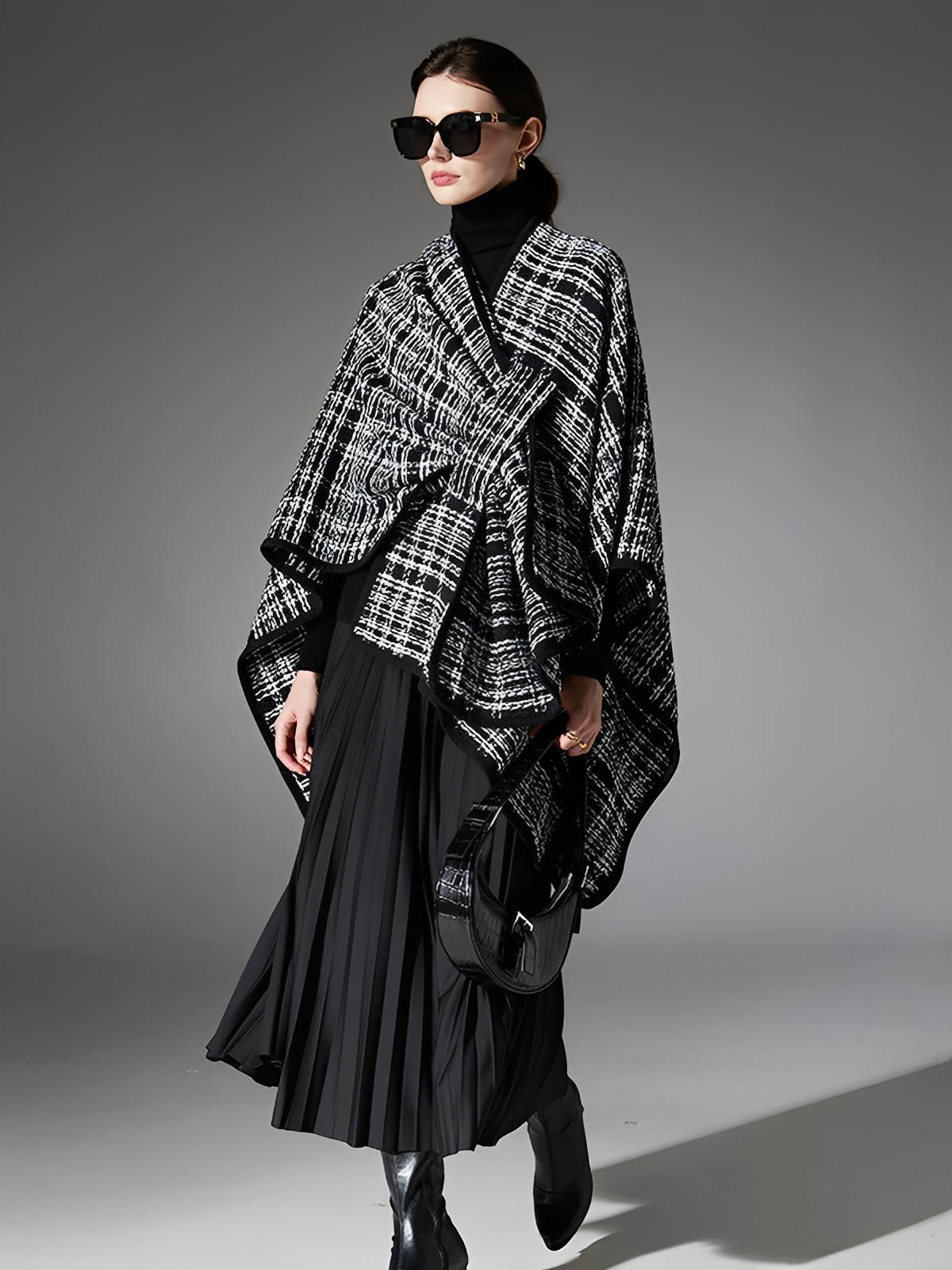 Châle femme noir blanc, plaid moderne, grand châle chaud, accessoire hiver, cape enveloppante, style européen, modèle Wenda