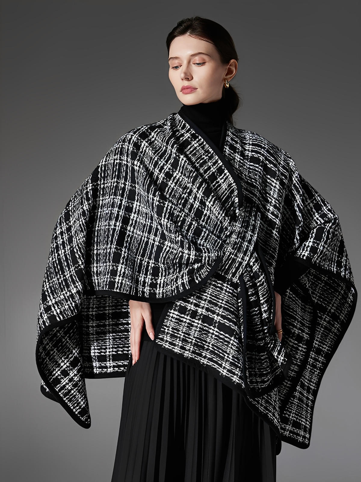Châle femme noir blanc, plaid moderne, grand châle chaud, accessoire hiver, cape enveloppante, style européen, modèle Wenda