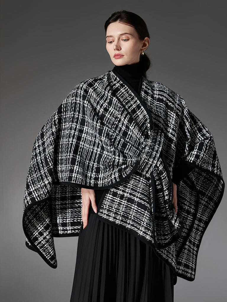 Châle femme noir blanc, plaid moderne, grand châle chaud, accessoire hiver, cape enveloppante, style européen, modèle Wenda