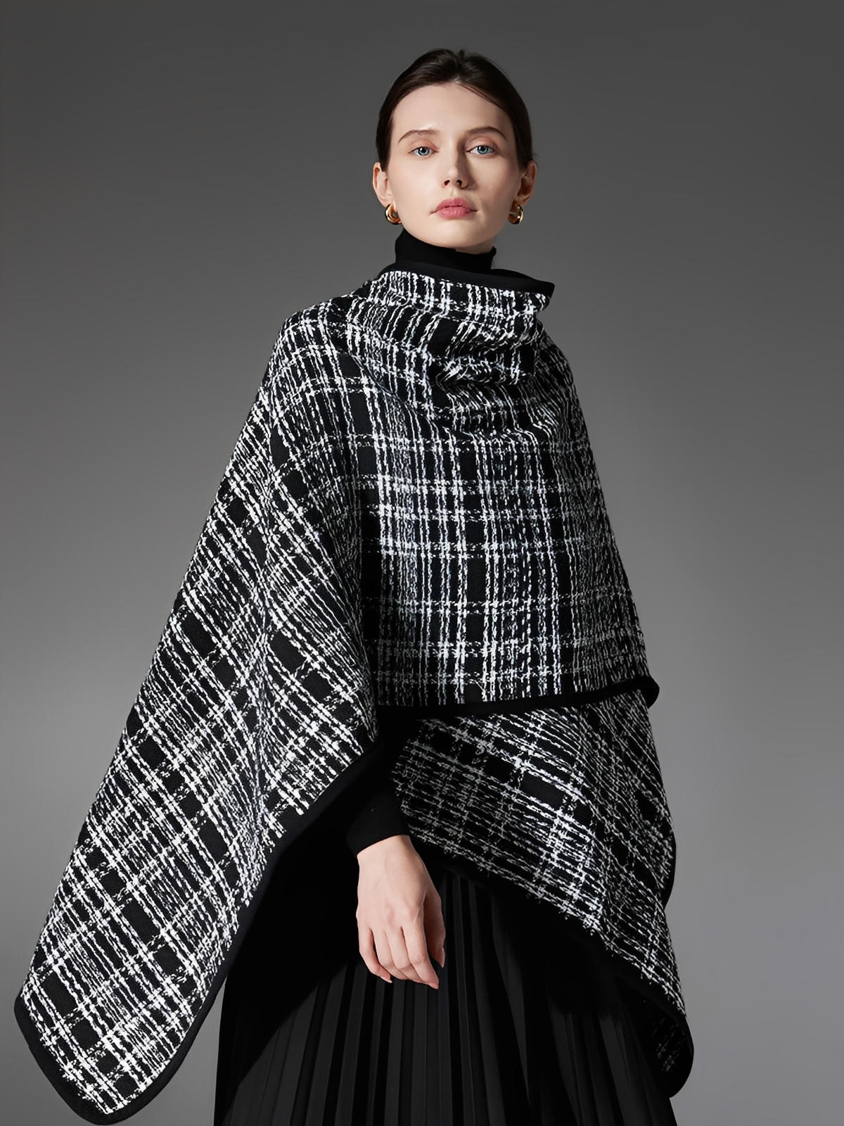Châle femme noir blanc, plaid moderne, grand châle chaud, accessoire hiver, cape enveloppante, style européen, modèle Wenda