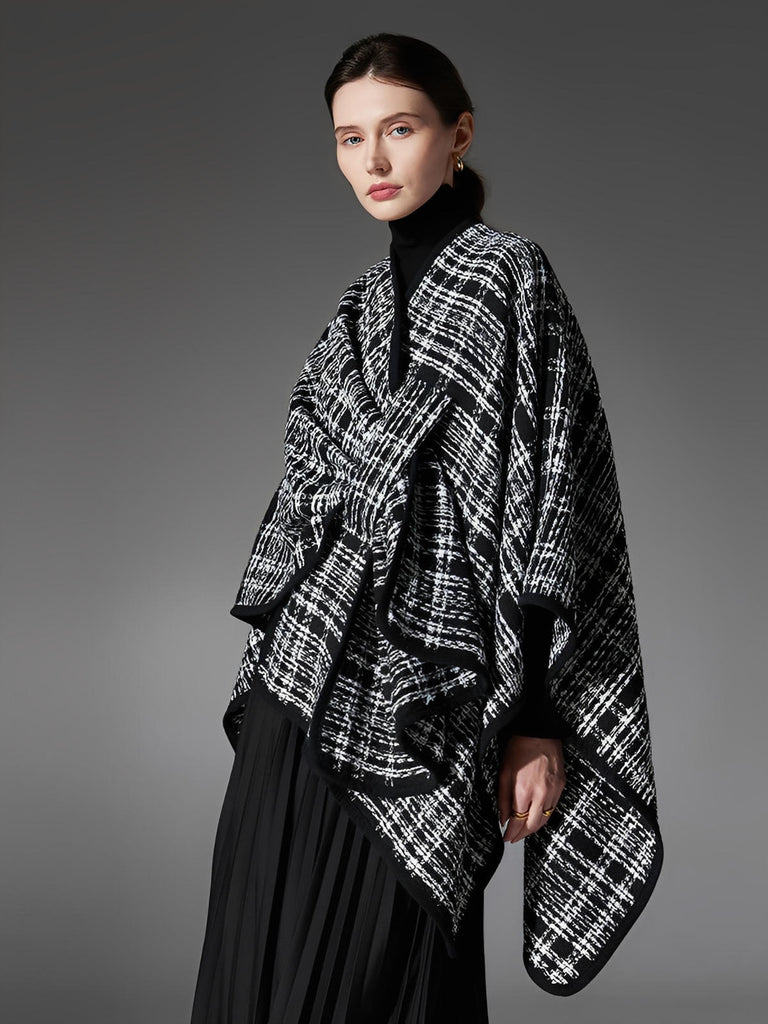 Châle femme noir blanc, plaid moderne, grand châle chaud, accessoire hiver, cape enveloppante, style européen, modèle Wenda