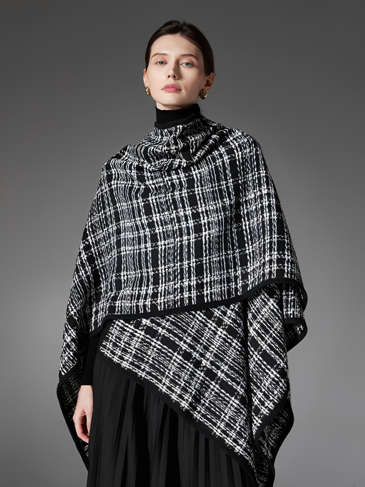 Châle femme noir blanc, plaid moderne, grand châle chaud, accessoire hiver, cape enveloppante, style européen, modèle Wenda