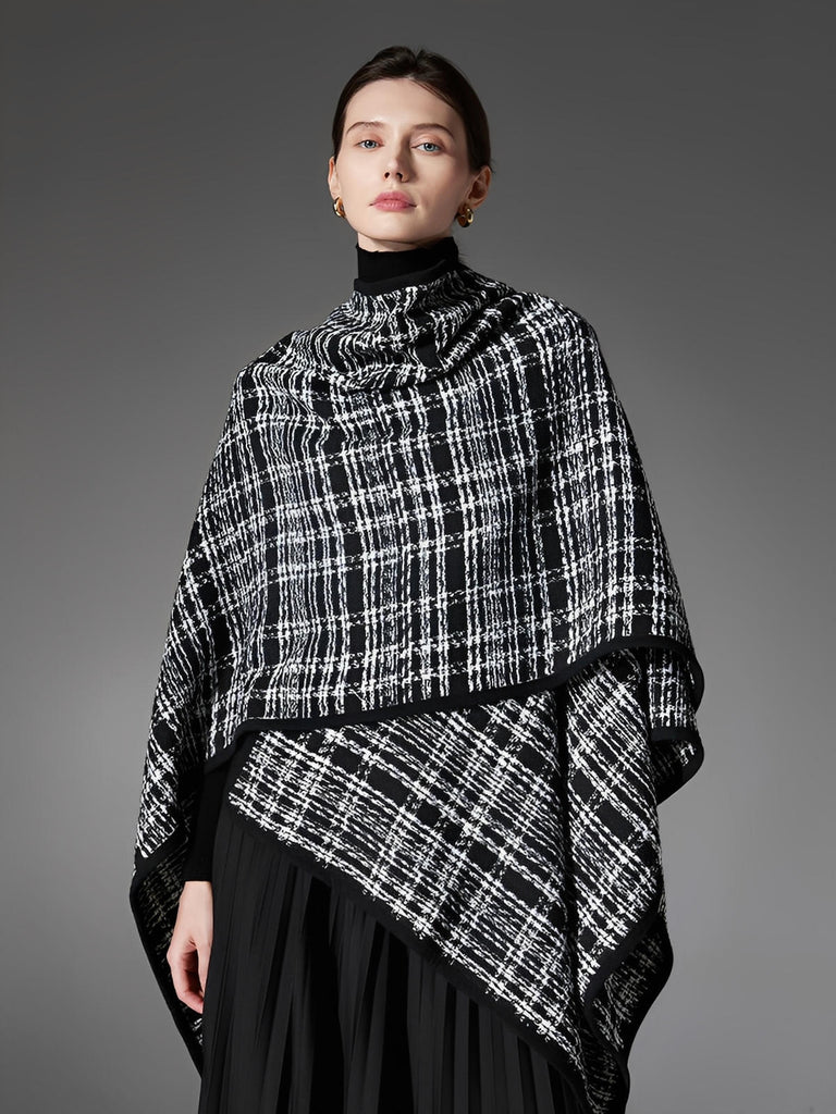 Châle femme noir blanc, plaid moderne, grand châle chaud, accessoire hiver, cape enveloppante, style européen, modèle Wenda