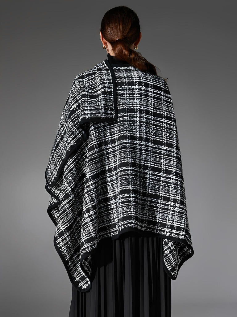 Châle femme noir blanc, plaid moderne, grand châle chaud, accessoire hiver, cape enveloppante, style européen, modèle Wenda
