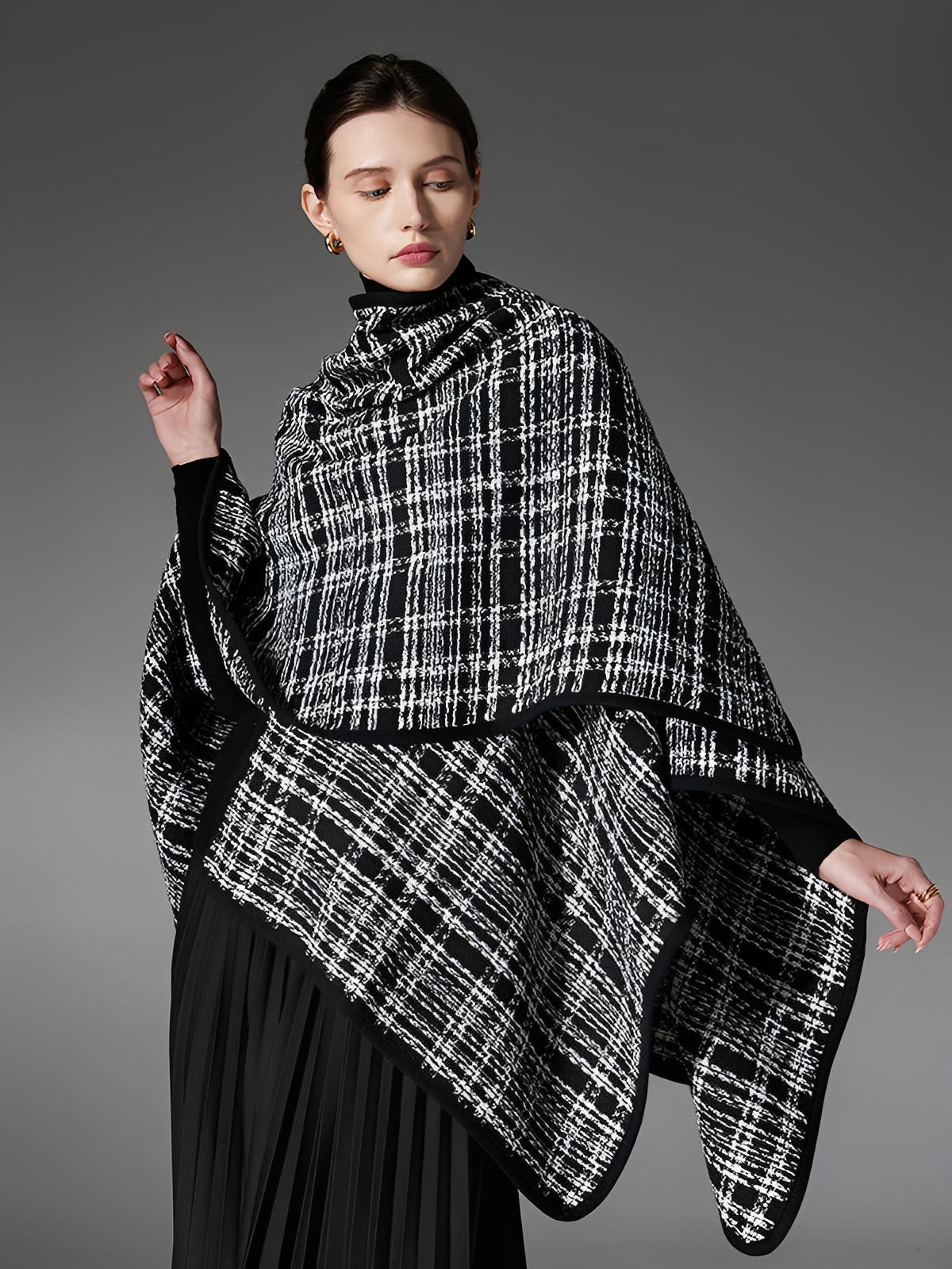 Châle femme noir blanc, plaid moderne, grand châle chaud, accessoire hiver, cape enveloppante, style européen, modèle Wenda