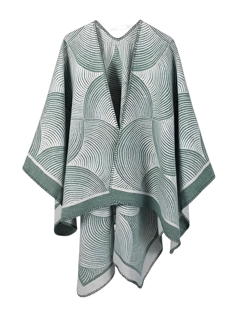 Châle géométrique laine, cape chaude femme, poncho doux gris, châle grand format hiver, couverture épaules design moderne, modèle Tija - Châle - Vert