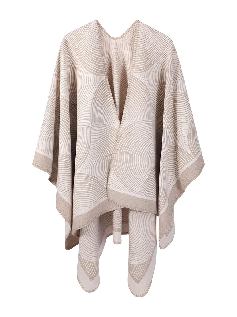 Châle géométrique laine, cape chaude femme, poncho doux gris, châle grand format hiver, couverture épaules design moderne, modèle Tija - Châle - Taupe