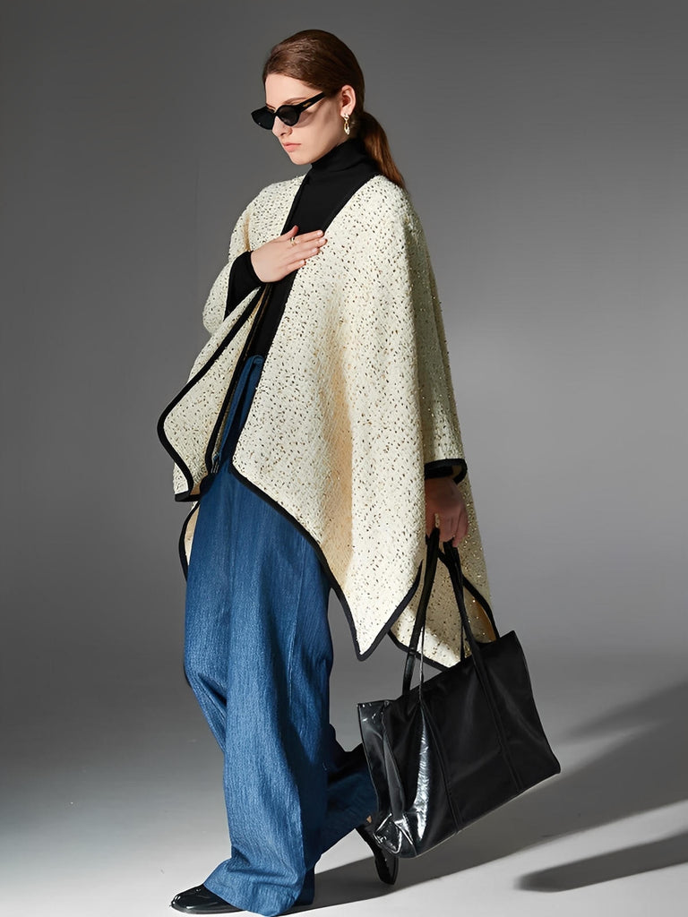 Châle laine doré, cape chaude femme, poncho chic hiver, grand châle rectangulaire, châle beige bordure noire, couverture d'épaule chaude, modèle Busha