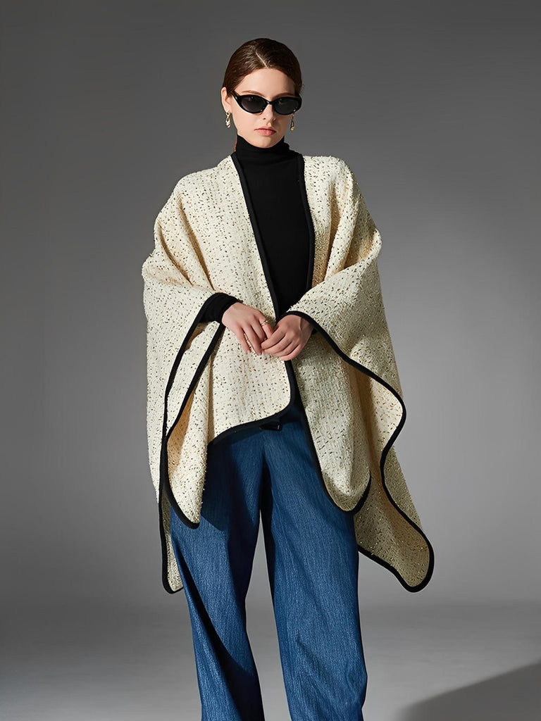 Châle laine doré, cape chaude femme, poncho chic hiver, grand châle rectangulaire, châle beige bordure noire, couverture d'épaule chaude, modèle Busha