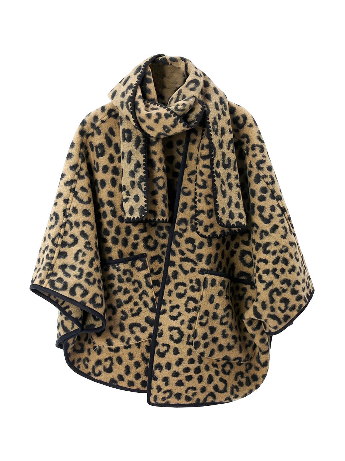 Châle léopard femme, châle chaud hiver, châle doux imprimé animal, cape large à poches, châle avec écharpe intégrée, modèle Candice - Châle - Camel