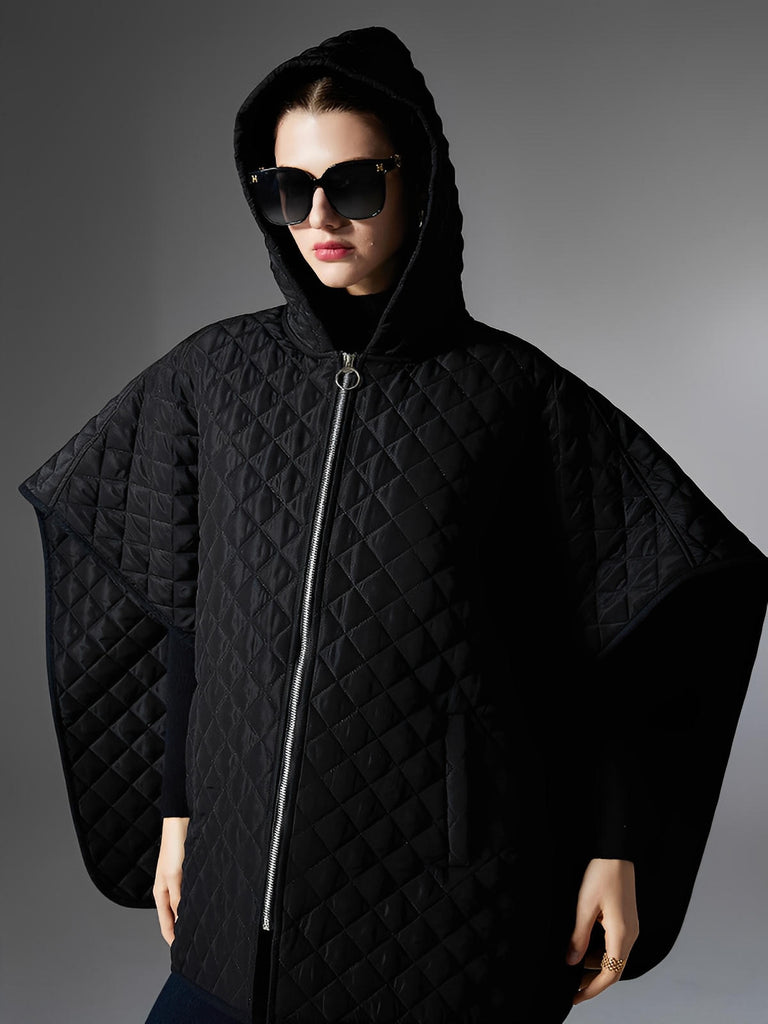 Châle matelassé noir, cape d’hiver à capuche, poncho long zippé, manteau léger femme, chaleur douce, style urbain, modèle Idale - Châle - Noir