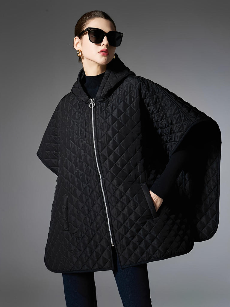 Châle matelassé noir, cape d’hiver à capuche, poncho long zippé, manteau léger femme, chaleur douce, style urbain, modèle Idale - Châle - Noir