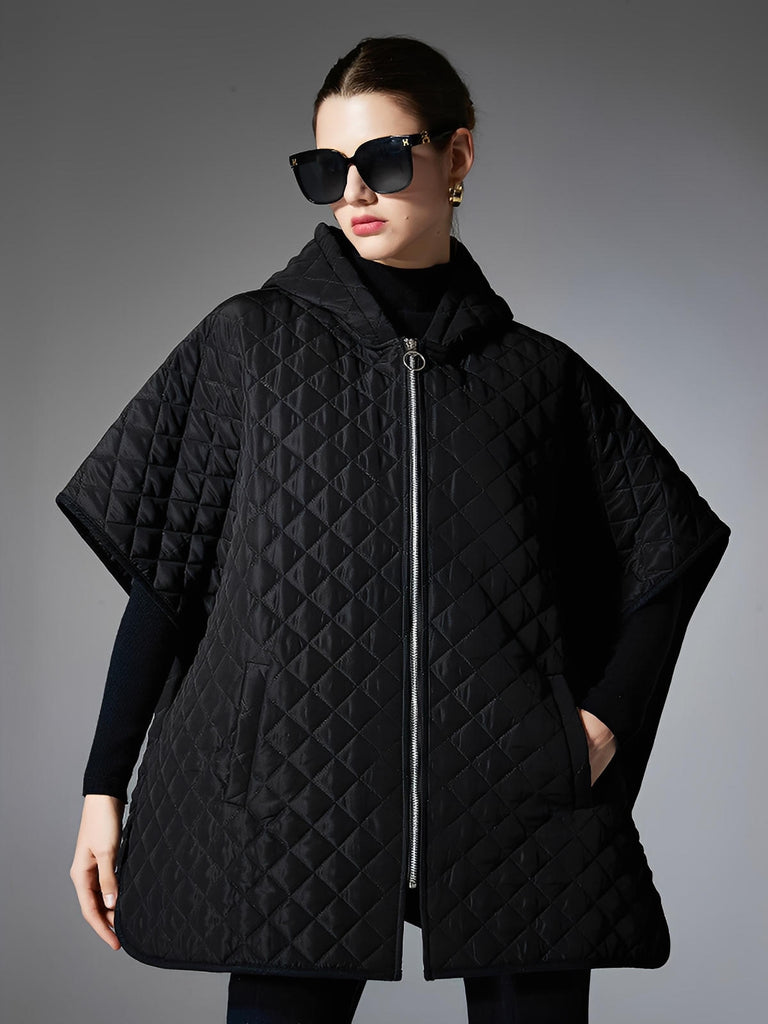 Châle matelassé noir, cape d’hiver à capuche, poncho long zippé, manteau léger femme, chaleur douce, style urbain, modèle Idale - Châle - Noir
