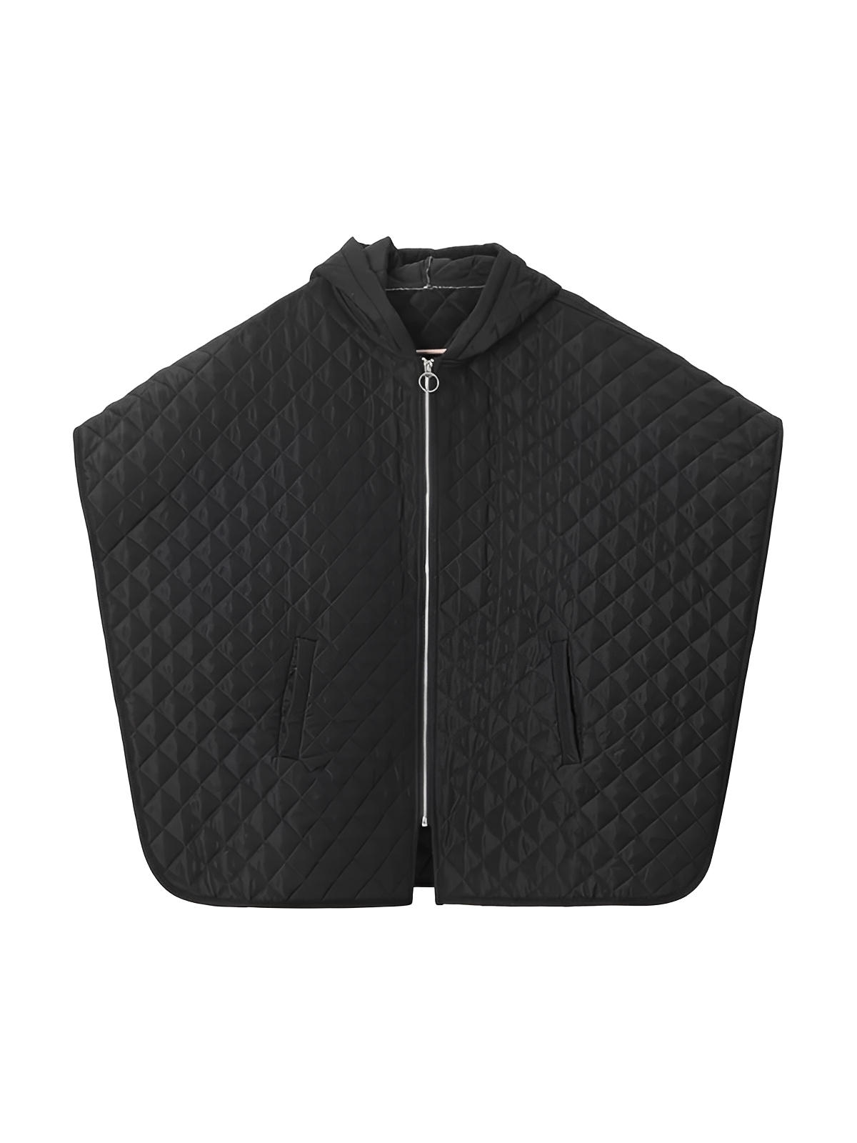 Châle matelassé noir, cape d’hiver à capuche, poncho long zippé, manteau léger femme, chaleur douce, style urbain, modèle Idale - Châle - Noir