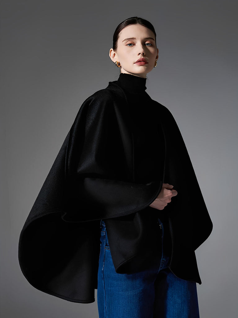 Châle noir, cape double face, châle ceinturé femme, poncho chaud hiver, manteau ample élégant, cape noire laine, châle automne hiver, modèle Sorane - Châle - Noir