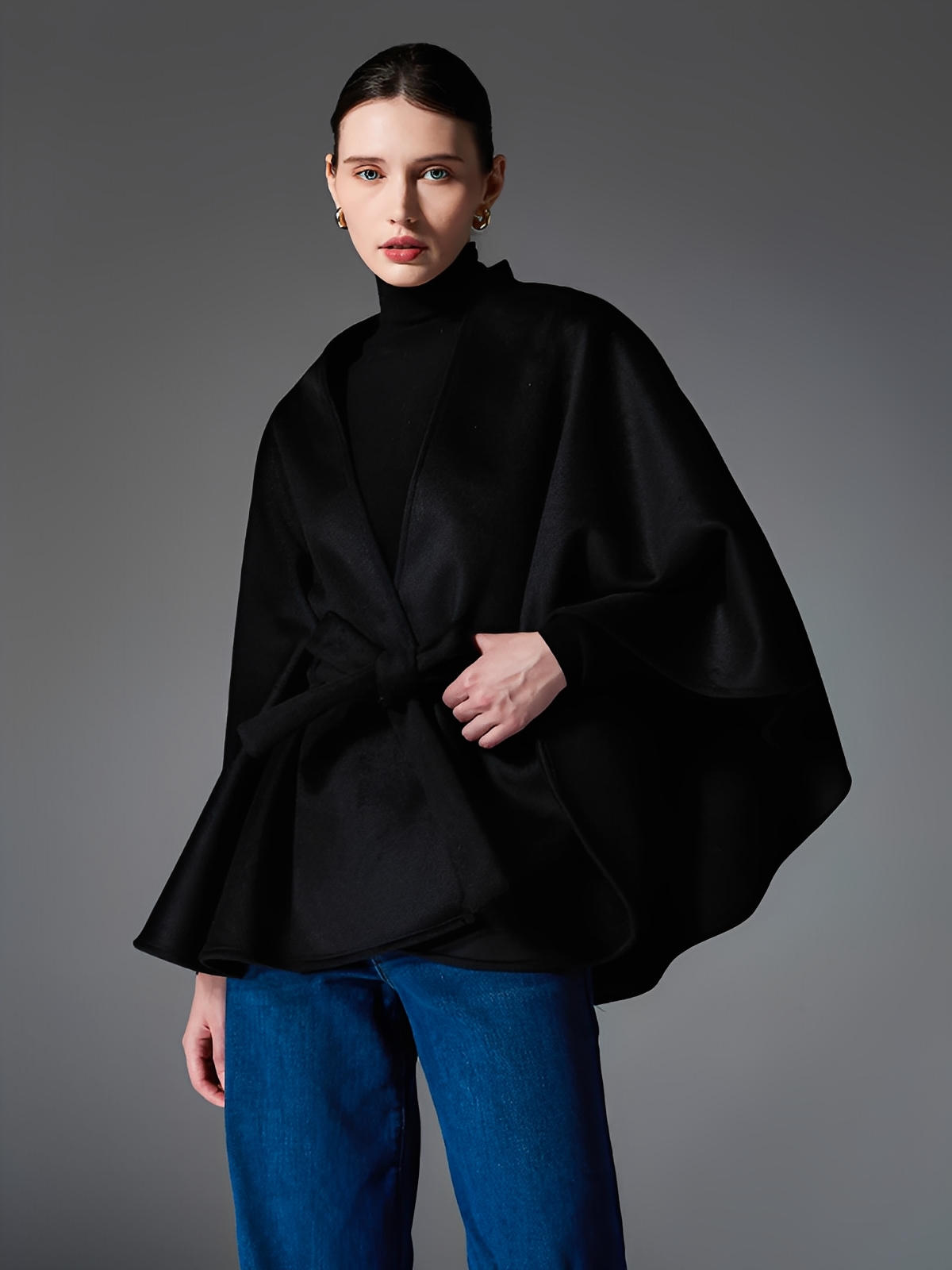 Châle noir, cape double face, châle ceinturé femme, poncho chaud hiver, manteau ample élégant, cape noire laine, châle automne hiver, modèle Sorane - Châle - Noir