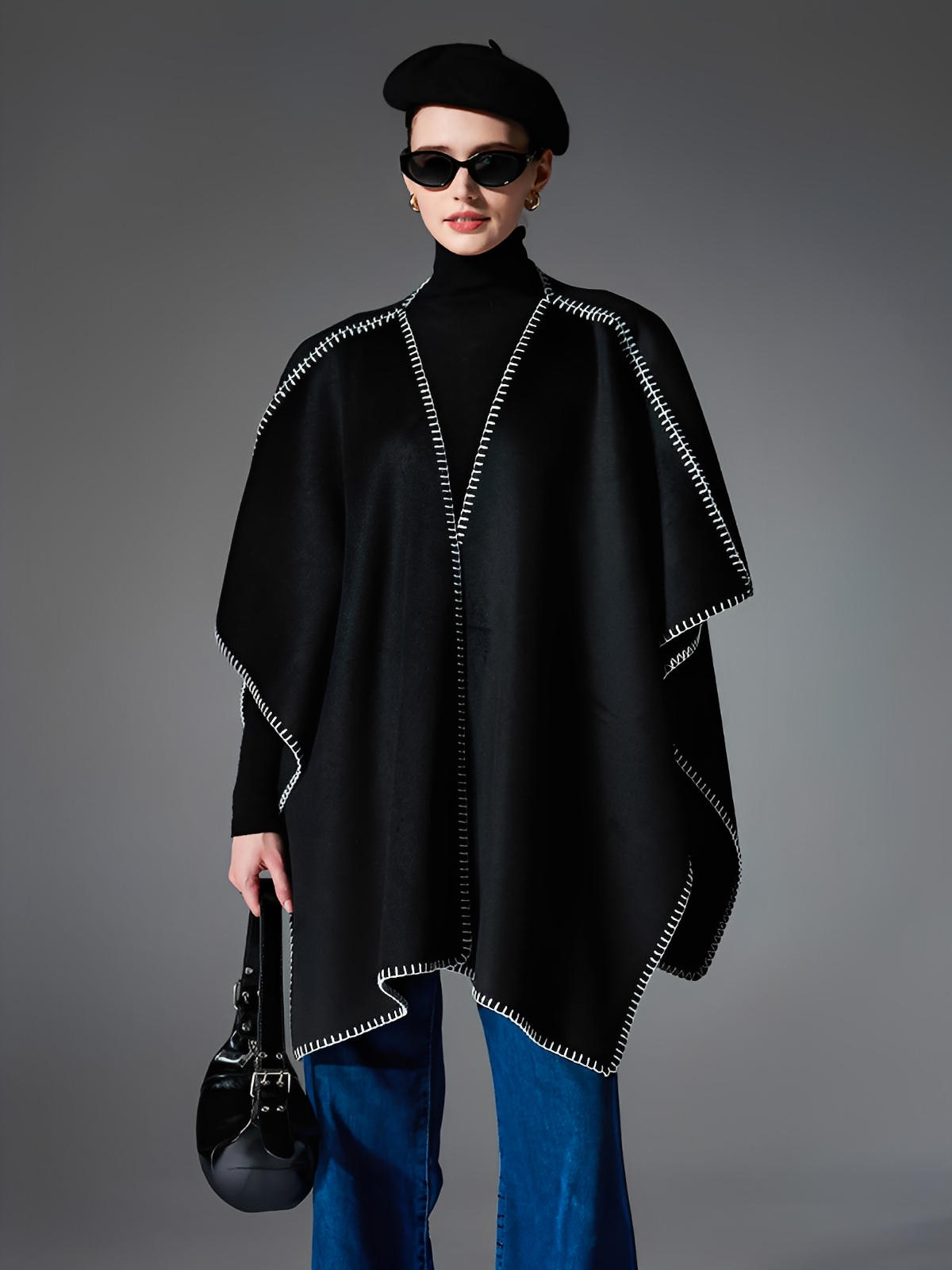 Châle noir double - face, couture contrastée blanche, doux et chaud, style moderne, grande taille, cape d’hiver, modèle Ortile - Châle - Noir