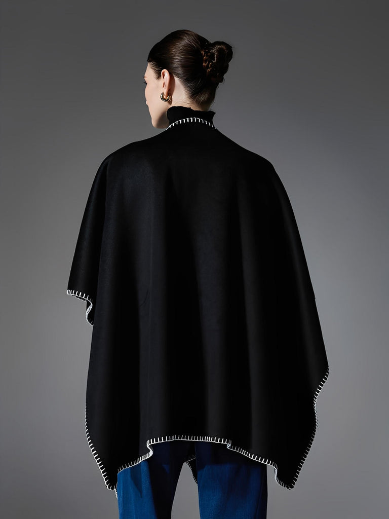Châle noir double - face, couture contrastée blanche, doux et chaud, style moderne, grande taille, cape d’hiver, modèle Ortile - Châle - Noir
