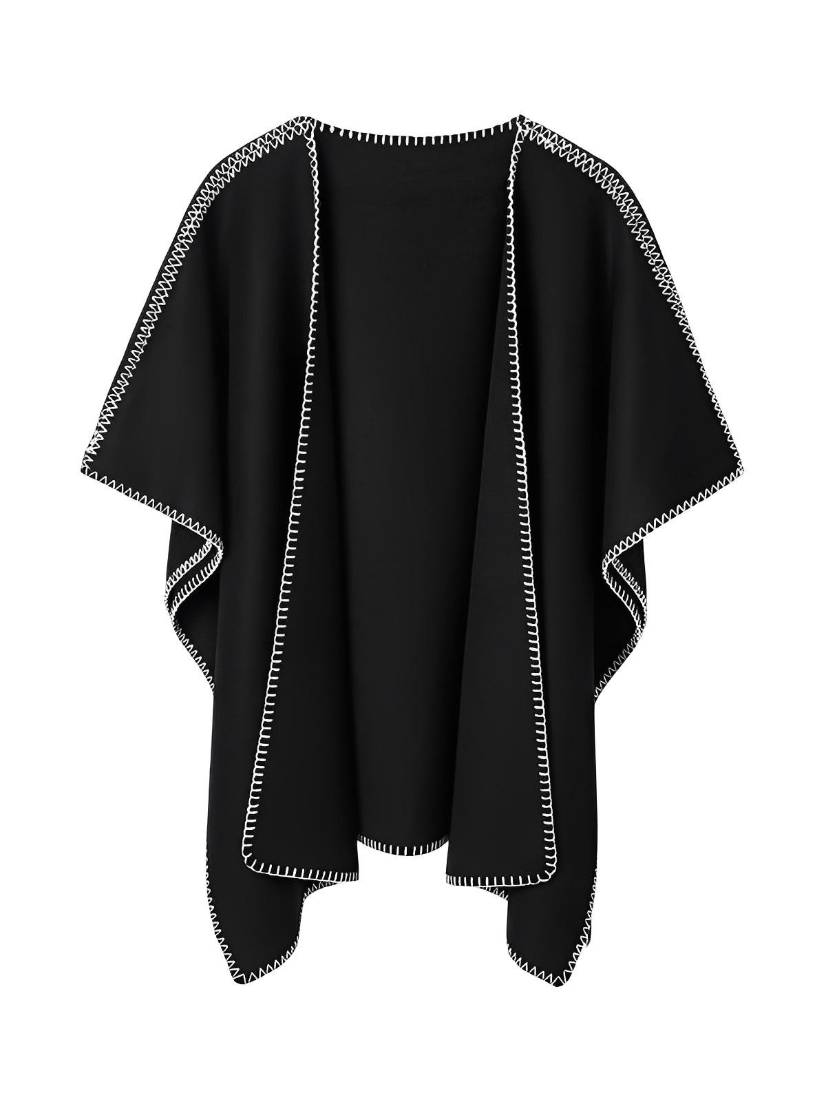 Châle noir double - face, couture contrastée blanche, doux et chaud, style moderne, grande taille, cape d’hiver, modèle Ortile - Châle - Noir