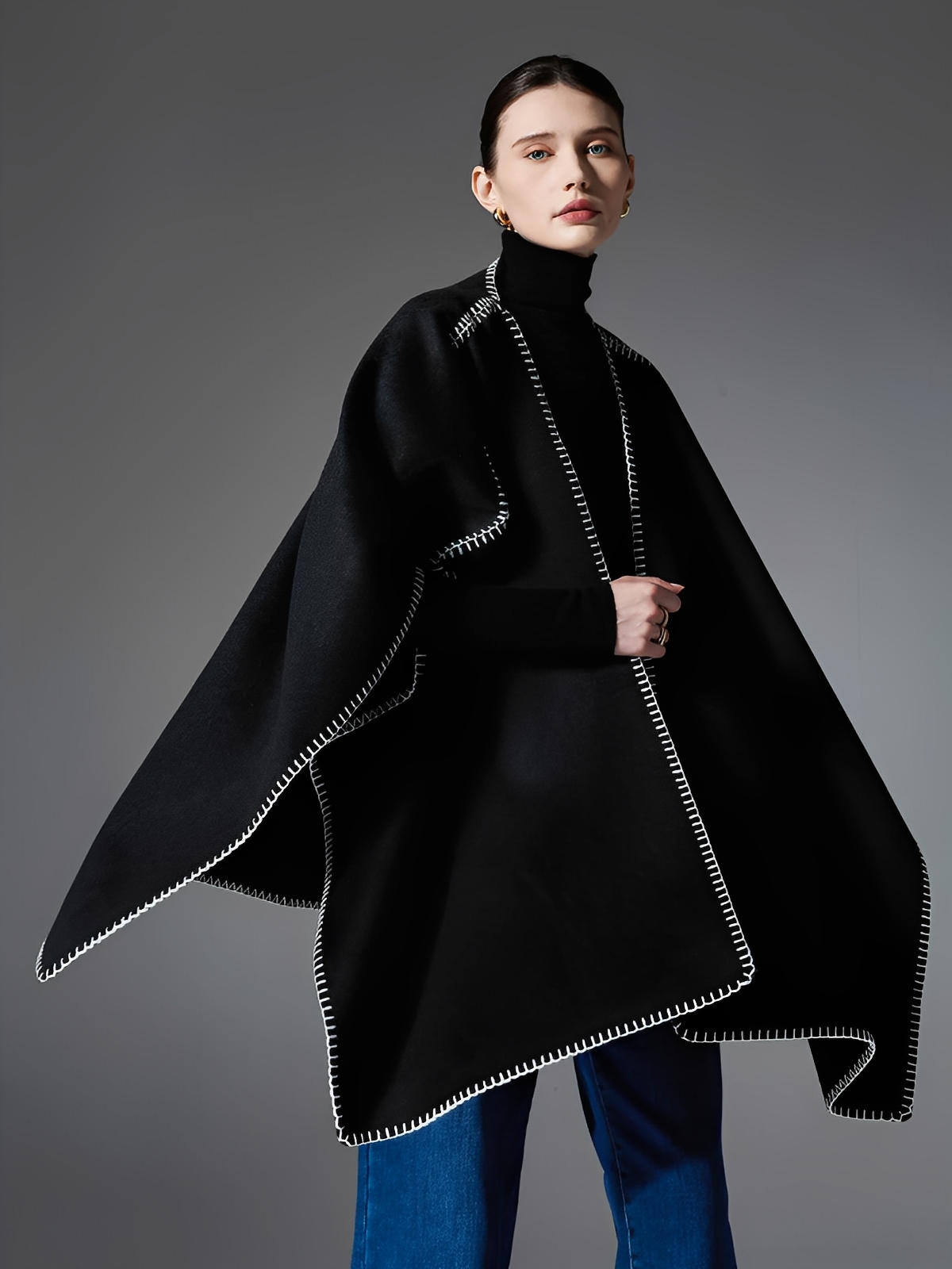 Châle noir double - face, couture contrastée blanche, doux et chaud, style moderne, grande taille, cape d’hiver, modèle Ortile - Châle - Noir
