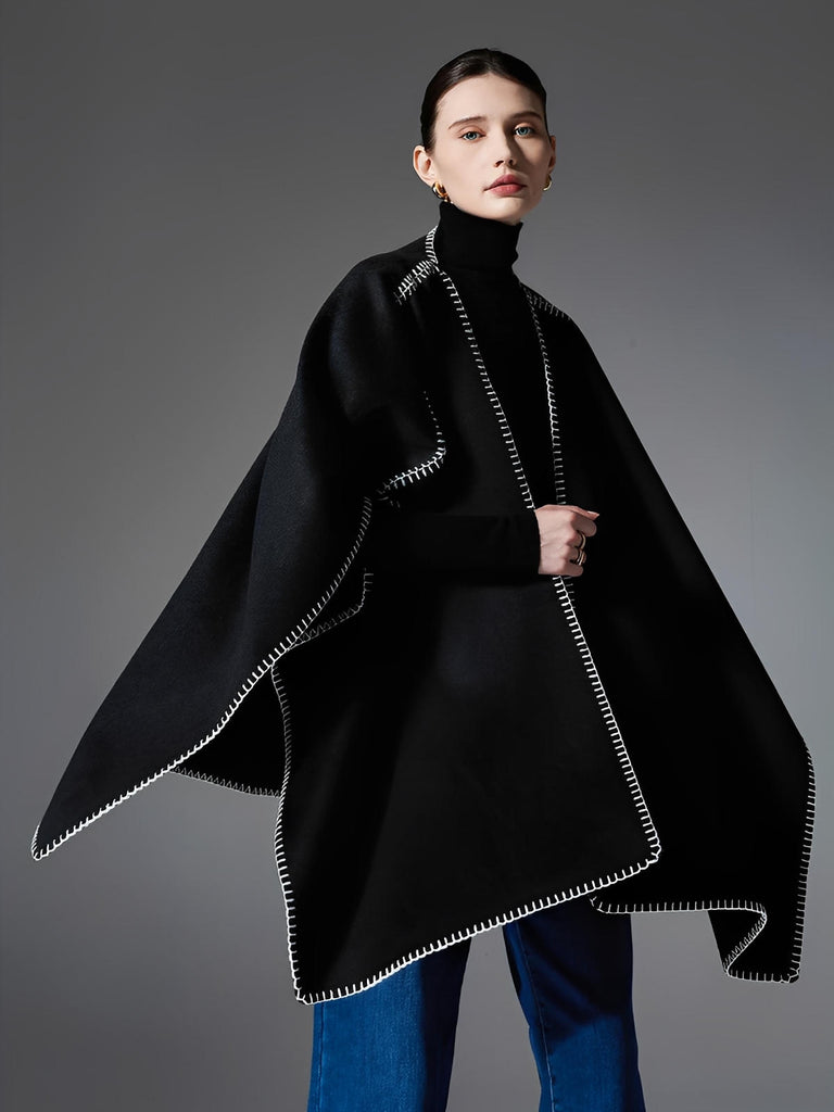 Châle noir double - face, couture contrastée blanche, doux et chaud, style moderne, grande taille, cape d’hiver, modèle Ortile - Châle - Noir