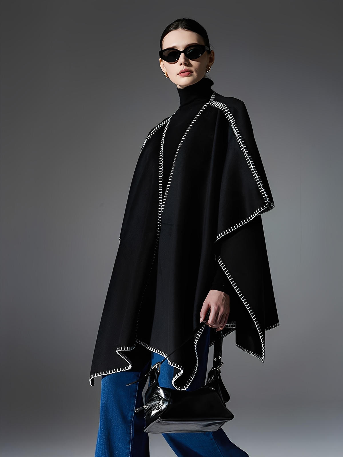 Châle noir double - face, couture contrastée blanche, doux et chaud, style moderne, grande taille, cape d’hiver, modèle Ortile - Châle - Noir